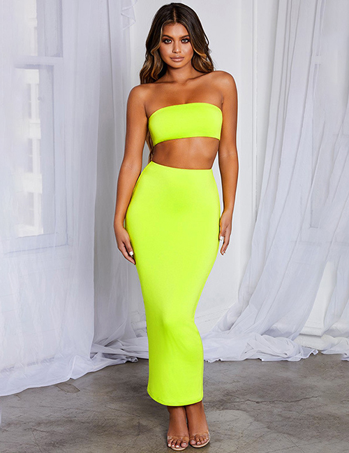 Fashion Fluorescent Yellow One Word Collar Umbilical Tube Top + High Waist Skirt Suit