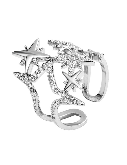 Fashion Silver Openwork Eight-pointed Star Open Diamond Ring