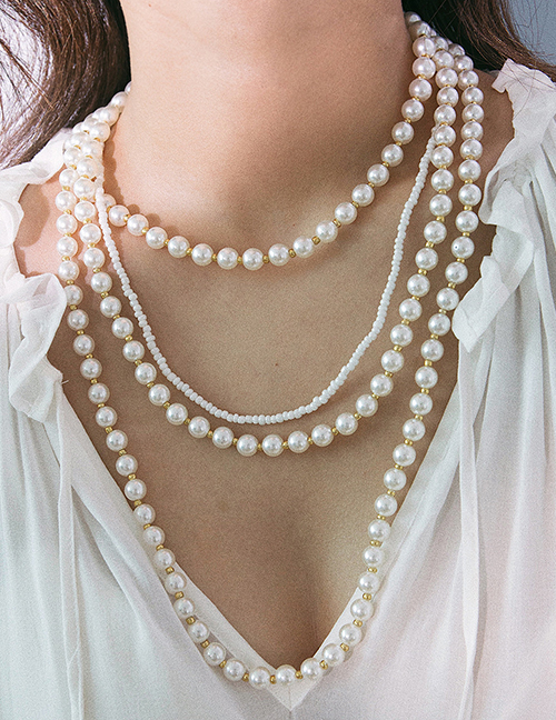 Fashion White Multi-layer Tassel Pearl Rice Beads Necklace