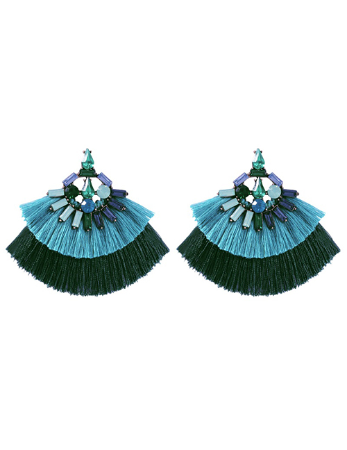 Fashion Blue Alloy Studded Contrast Double Tassel Earrings