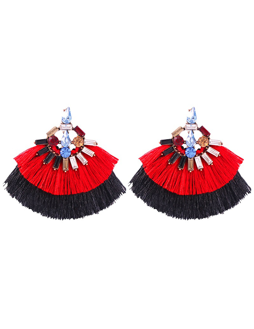 Fashion Red Black Alloy Studded Contrast Double Tassel Earrings