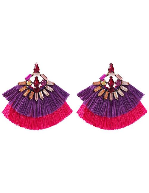 Fashion Purple + Rose Red Alloy Studded Contrast Double Tassel Earrings