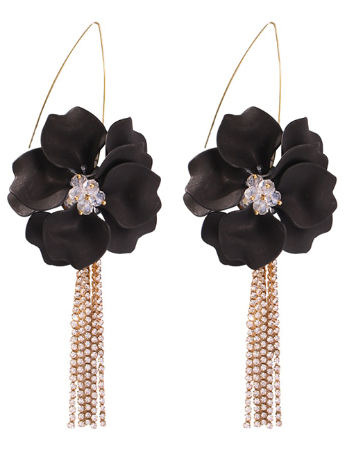 Fashion Black Resin Flower Alloy Studded Tassel Earrings