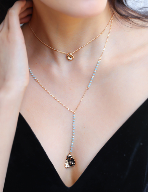 Fashion Gold Metal Moon Natural Stone Pearl Coin Multilayer Necklace