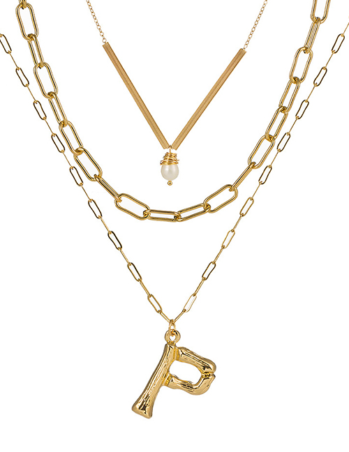 Fashion P Gold Letter Natural Pearl Multi-layer Necklace