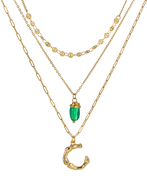 Fashion C Gold Letter Green Natural Stone Multi-layer Necklace
