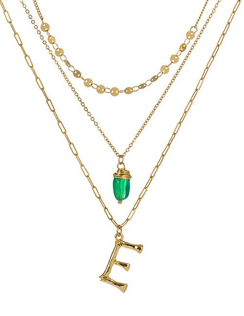 Fashion E Gold Letter Green Natural Stone Multi-layer Necklace