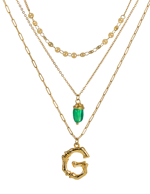 Fashion G Gold Letter Green Natural Stone Multi-layer Necklace