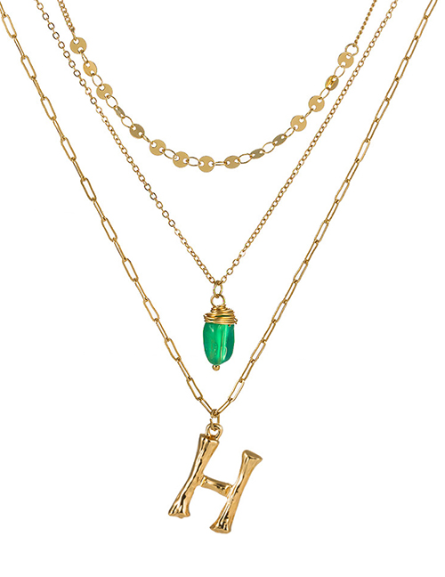 Fashion H Golden Letter Green Natural Stone Multi-layer Necklace