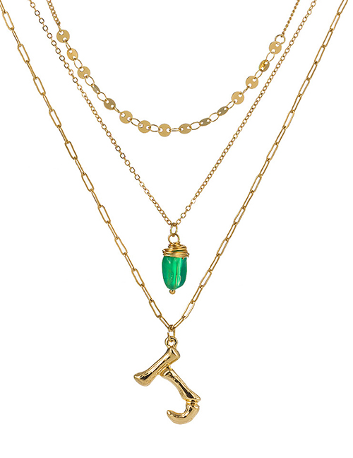 Fashion J Gold Letter Green Natural Stone Multi-layer Necklace