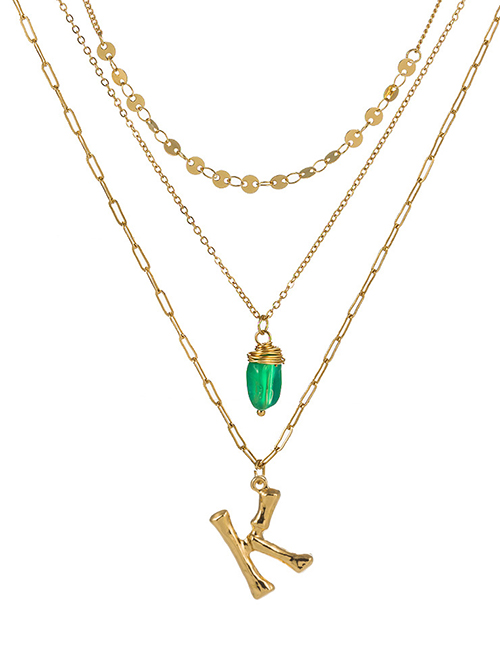 Fashion K Gold Letter Green Natural Stone Multi-layer Necklace