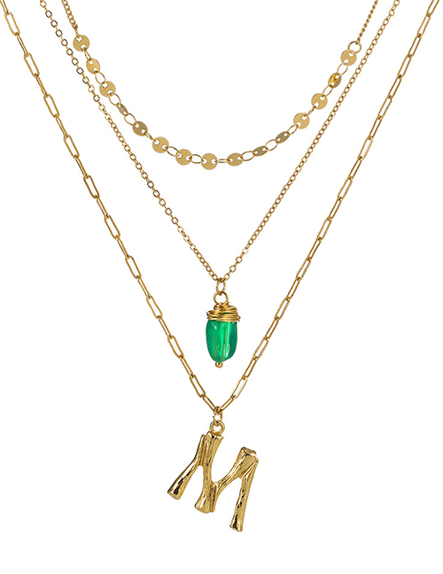 Fashion M Gold Letter Green Natural Stone Multi-layer Necklace