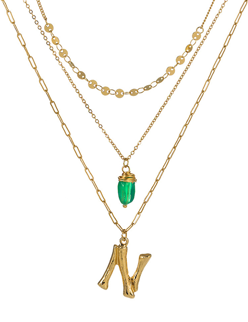 Fashion N Gold Letter Green Natural Stone Multi-layer Necklace