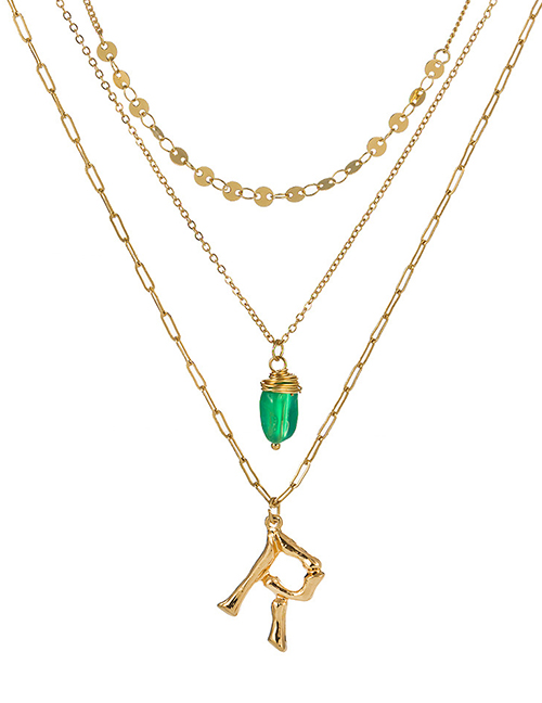 Fashion R Gold Letter Green Natural Stone Multi-layer Necklace