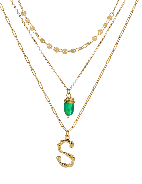 Fashion S Gold Letter Green Natural Stone Multi-layer Necklace
