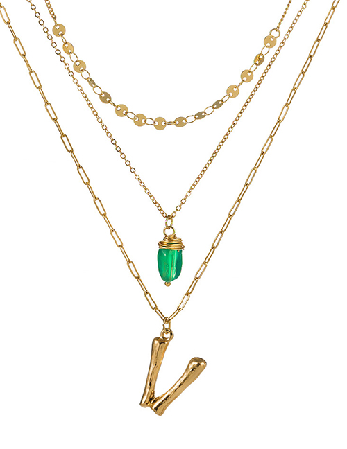 Fashion V Gold Letter Green Natural Stone Multi-layer Necklace