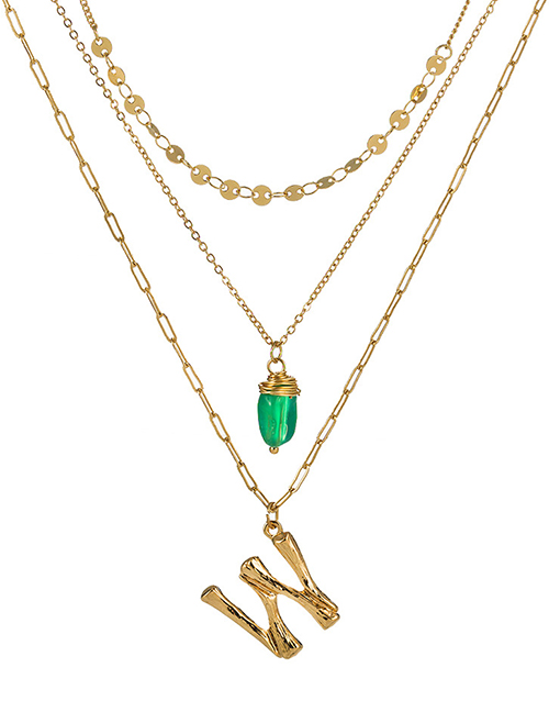 Fashion W Gold Letter Green Natural Stone Multi-layer Necklace