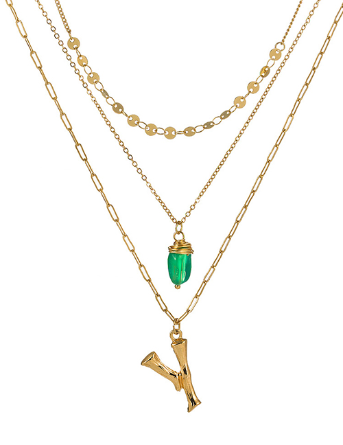 Fashion Y Gold Letter Green Natural Stone Multi-layer Necklace