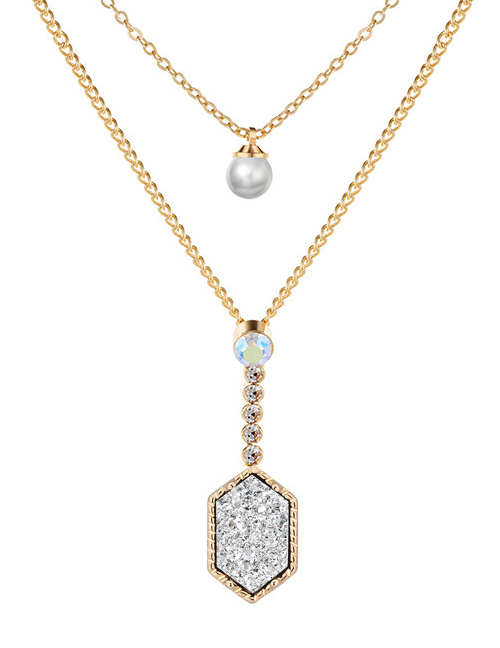 Fashion Gold + White Crystal Cluster Diamond Crystal Cluster Pearl Double Layer Necklace