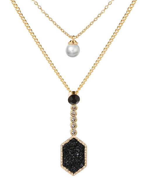 Fashion Gold + Black Crystal Cluster Diamond Crystal Cluster Pearl Double Layer Necklace