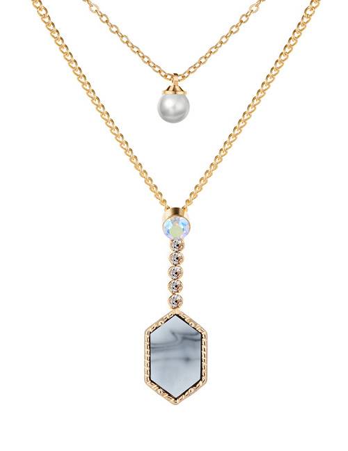 Fashion Gold + White Turquoise Diamond Crystal Cluster Pearl Double Layer Necklace