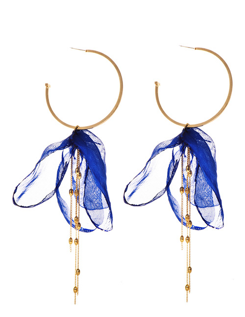 Fashion Blue Alloy Large Circle Fabric Tassel Earrings