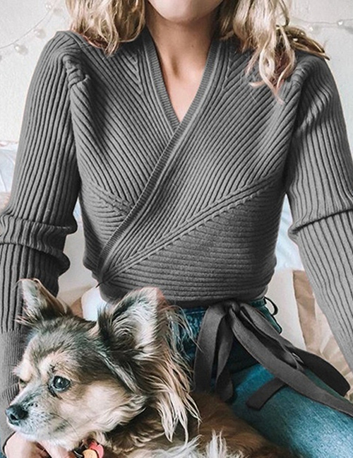 Fashion Gray Deep V-neck Bow Cardigan Sweater