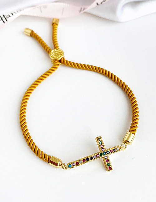 Fashion Khaki Copper Inlaid Zircon Braided Rope Cross Bracelet