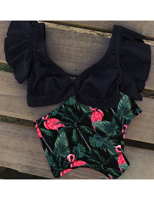 Fashion Black Flamingo Floral High Waist Ruffled Vest Deep V Bikini