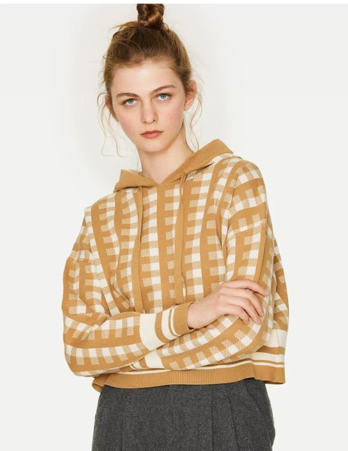 Fashion Khaki Colorblock Plaid Collar Sweater
