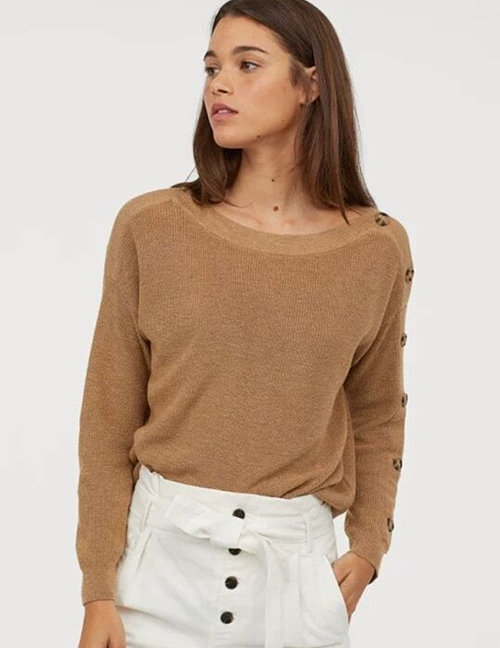 Fashion Khaki One-shoulder Button-knit Pullover