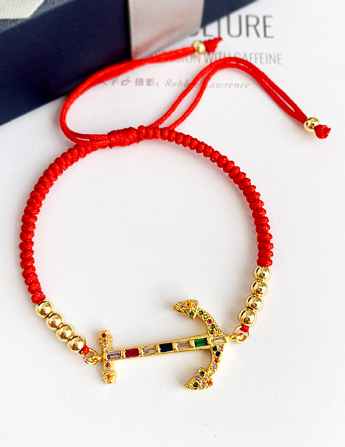 Fashion Red Copper Inlaid Zircon Braided Rope Beaded Anchor Bracelet