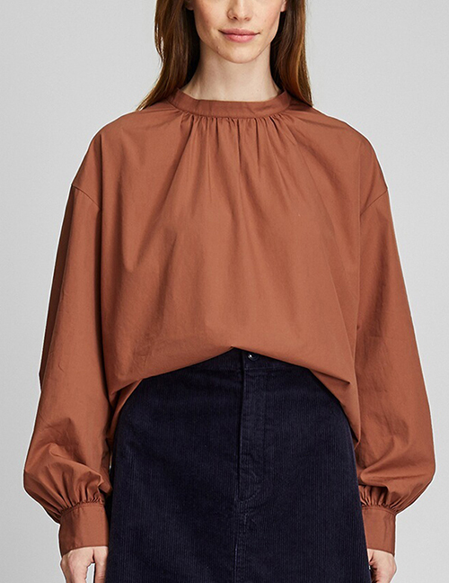 Fashion Camel Cotton High Collar Pleated Top