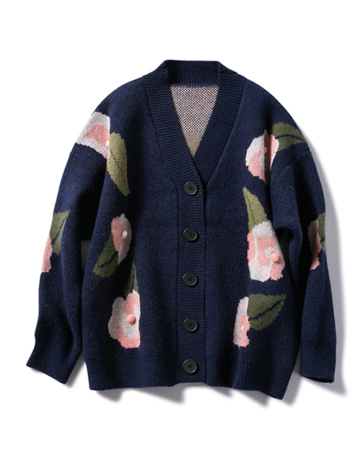 Fashion Navy Knitting Sweater With Leaves Flowers