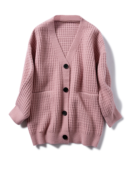 Fashion Leather Pink Solid Color Plaid Cardigan