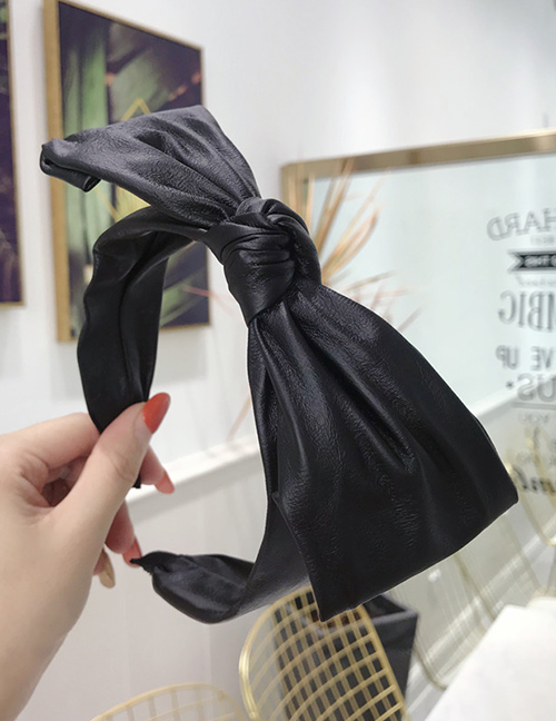 Fashion Black Pu Imitation Leather Solid Color Big Bow Thin Side Headband