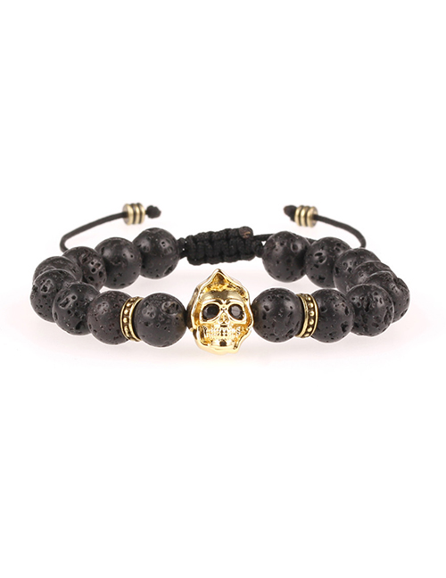 Fashion Gold 8mm Volcanic Rock Micro-inlaid Ghost Head Beaded Pull Bracelet