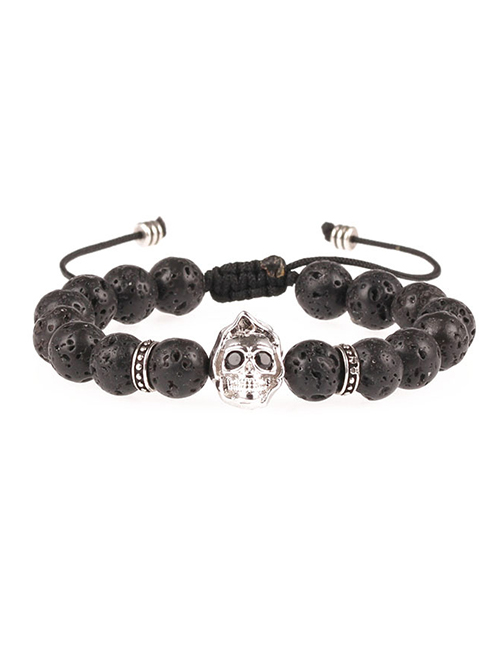 Fashion Silver 8mm Volcanic Rock Micro-inlaid Ghost Head Beaded Pull Bracelet