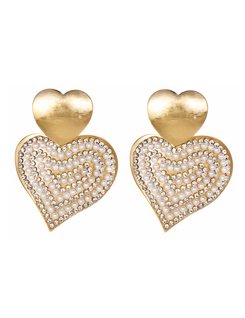 Fashion Pearl + Drill Alloy Pearl Diamond Heart Earrings