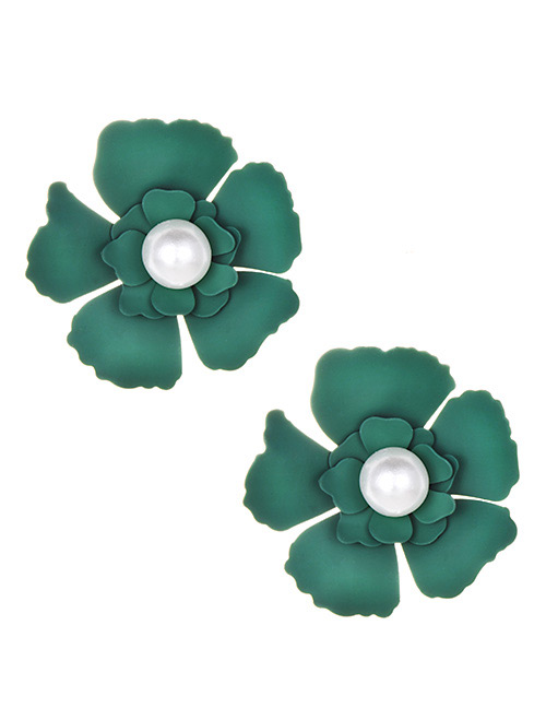 Fashion Green Alloy Pearl Flower Earrings