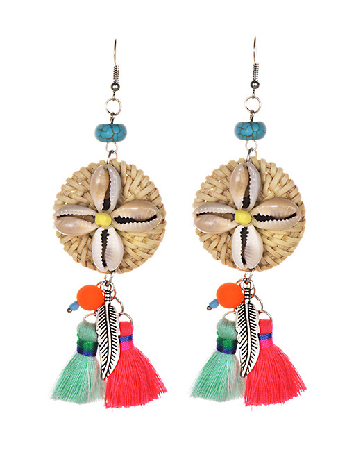 Fashion Color Alloy Rattan Shell Feather Earrings