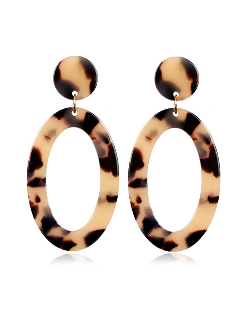 Fashion Brown Geometric Oval Plate Leopard Earrings