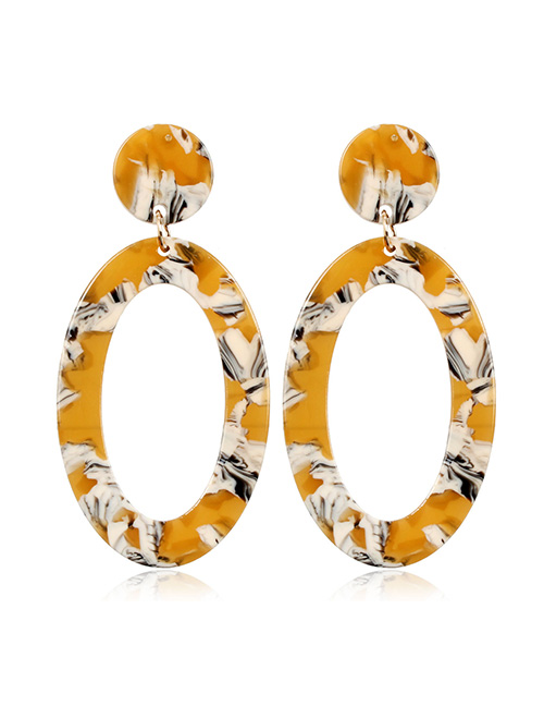 Fashion Yellow + White Geometric Oval Plate Leopard Earrings