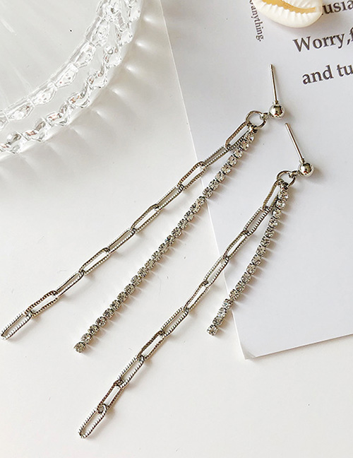 Fashion Silver Studded Tassel Chain Stud Earrings