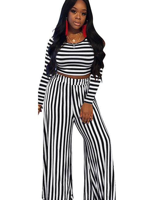 Fashion Stripe Contrast Striped Short Top + Trousers Two-piece