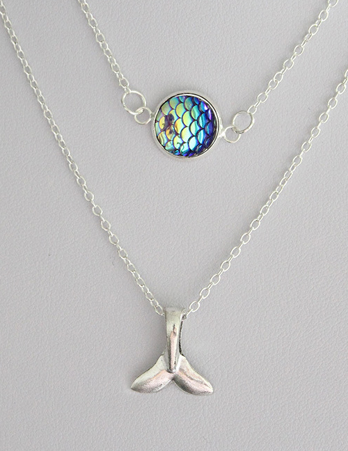 Fashion Silver + Blue Double Mermaid Necklace