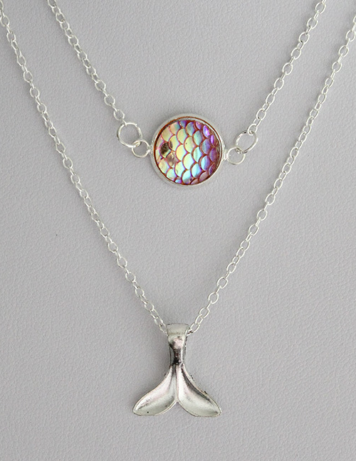 Fashion Silver + Pink Double Mermaid Necklace