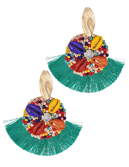Fashion Lake Green Alloy Rice Beads Shell Tassel Earrings