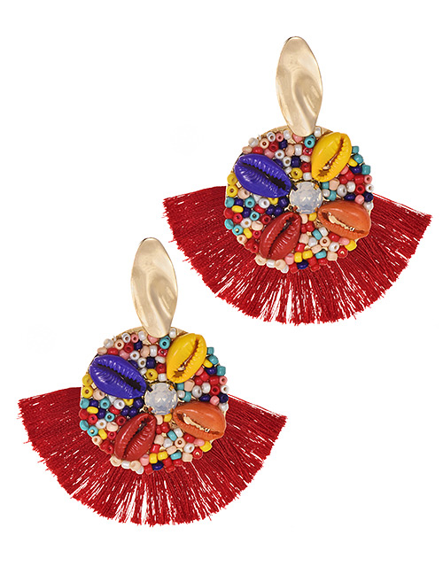 Fashion Red Alloy Rice Beads Shell Tassel Earrings