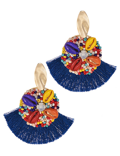 Fashion Royal Blue Alloy Rice Beads Shell Tassel Earrings